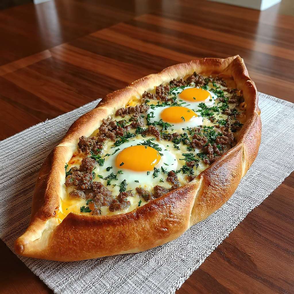 Pide à la viande hachée et aux œufs, pain turc doré au four