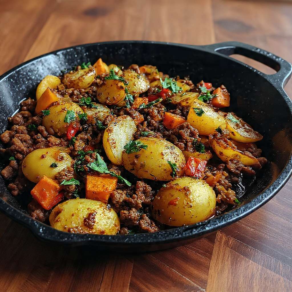 Poêlée de pommes de terre à la viande hachée dorée à la poêle