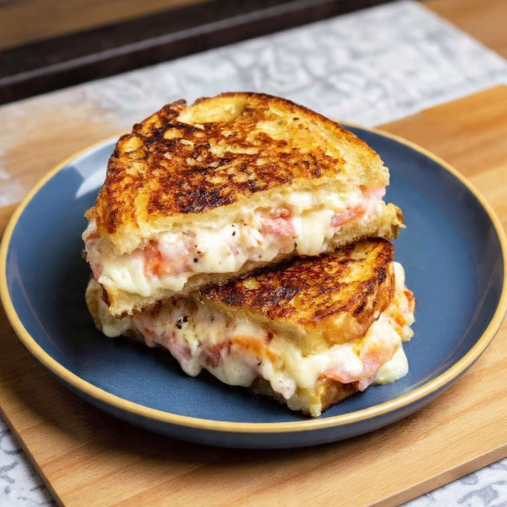 Croque fondant jambon fromage à la poêle, pain doré et fromage coulant