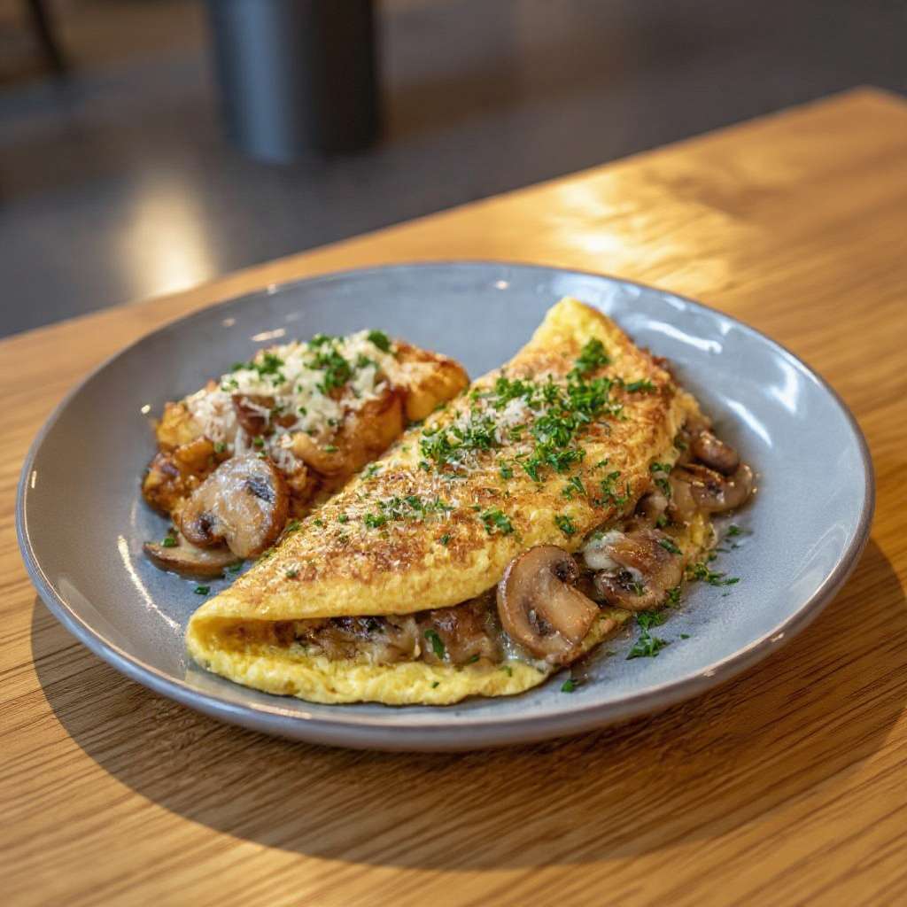 Omelette paysanne aux champignons ail et fromage fondant servie bien chaude