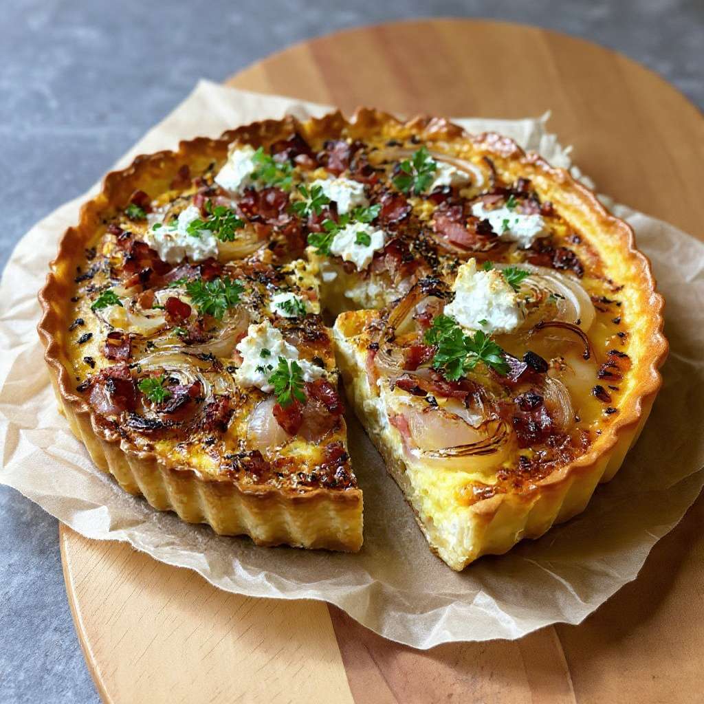 Tarte salée oignons lardons fromage frais dorée au four avec garniture fondante