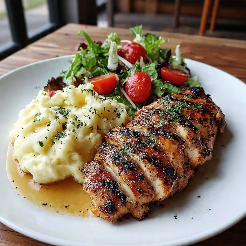 Poulet grillé purée maison et salade fraîche servis dans une assiette équilibrée
