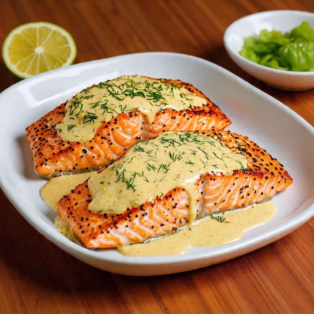 Saumon rôti sauce crémeuse à la moutarde et aneth avec zestes de citron