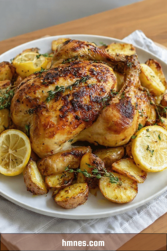 Poulet rôti citron thym avec pommes de terre fondantes au four