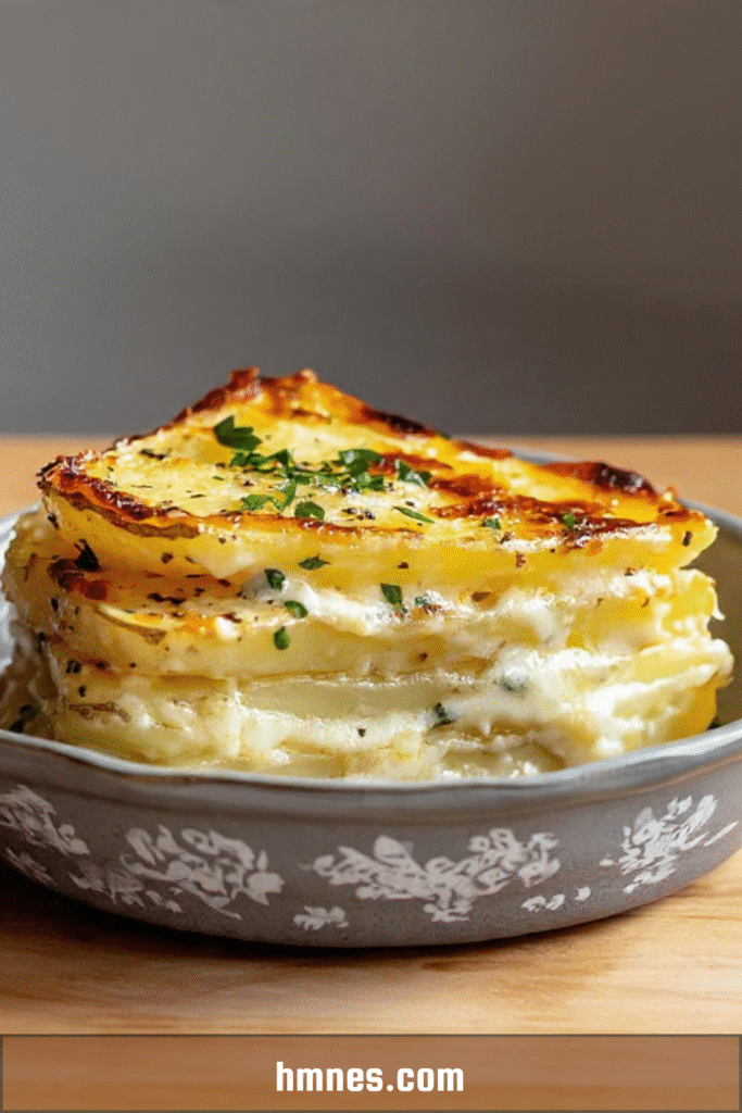 Gratin de pommes de terre fondant et crémeux, doré au four. Recette traditionnelle facile pour un accompagnement gourmand et réconfortant.