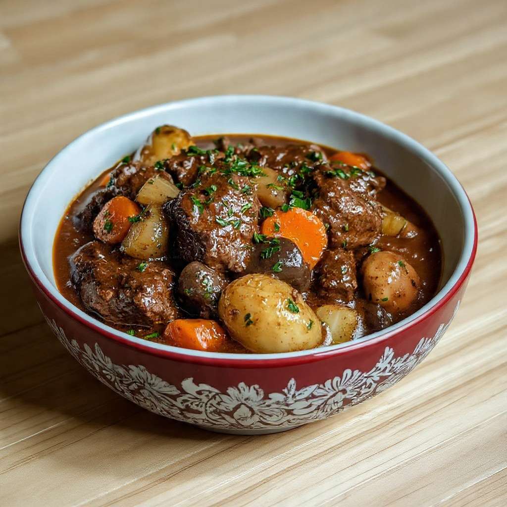 Bœuf mijoté aux carottes pommes de terre et champignons