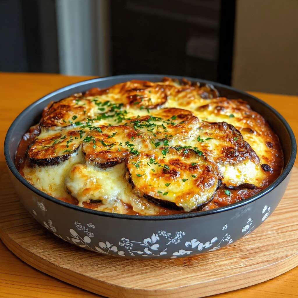Gratin d’aubergines à la mozzarella fondant et gratiné. Recette facile, savoureuse et parfaite pour un plat végétarien gourmand.