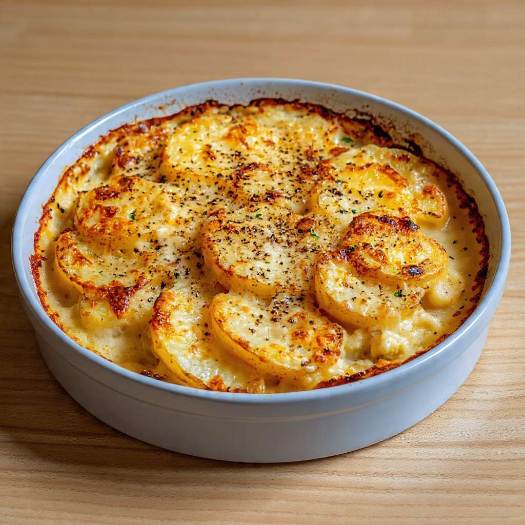 Gratin de pommes de terre à la moutarde doré avec fromage gratiné