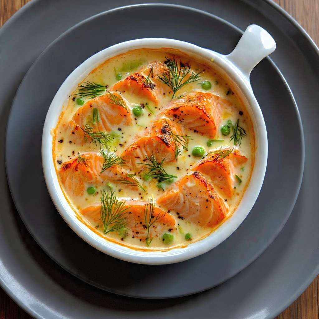 Cassolettes crémeuses saumon poireaux petits pois au four