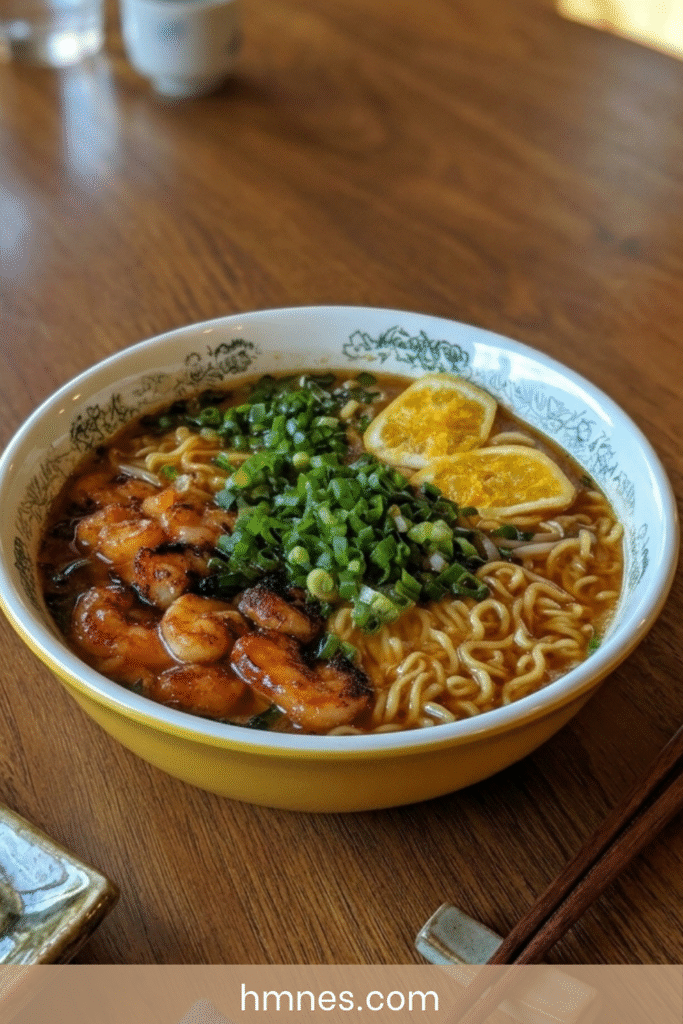 Ramen crevettes grillées bouillon nouilles citron ciboule