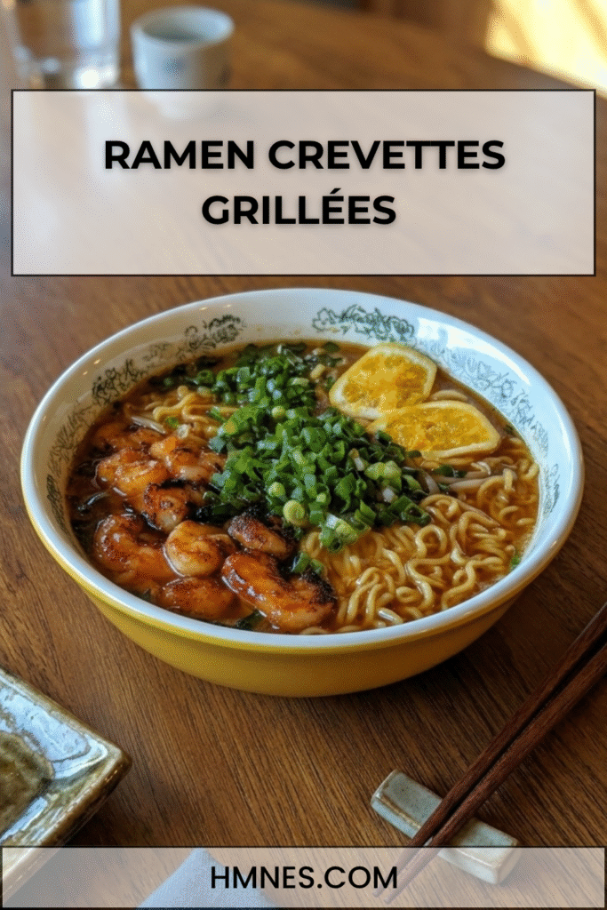 Ramen crevettes grillées bouillon nouilles citron ciboule
