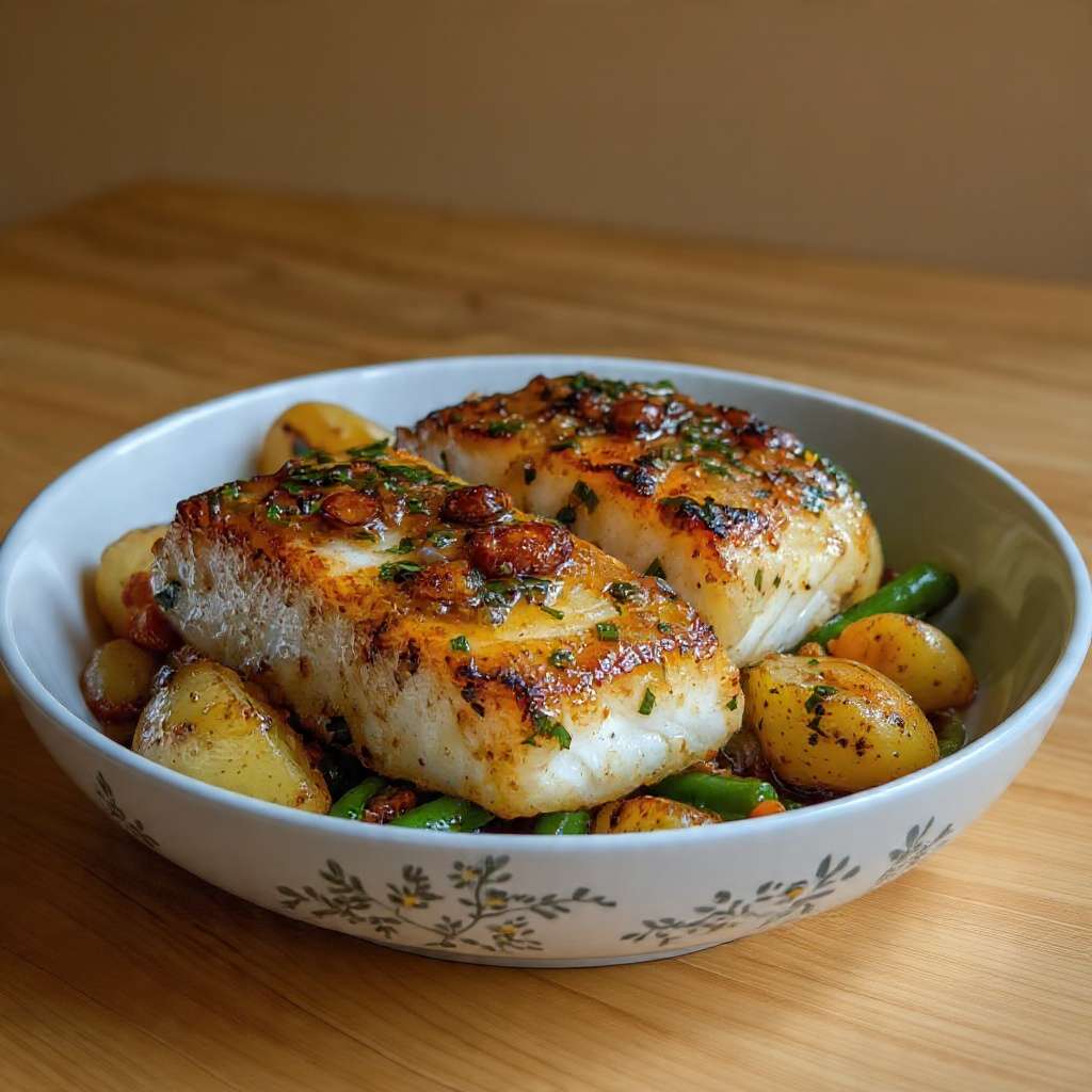 Cabillaud poêlé legumes rotis sauce ail persil