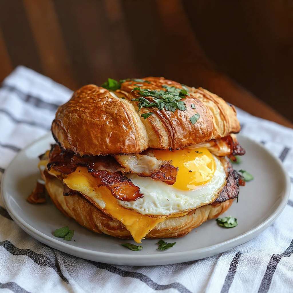 Croissant œuf bacon cheddar fromage fondu croustillant brunch maison