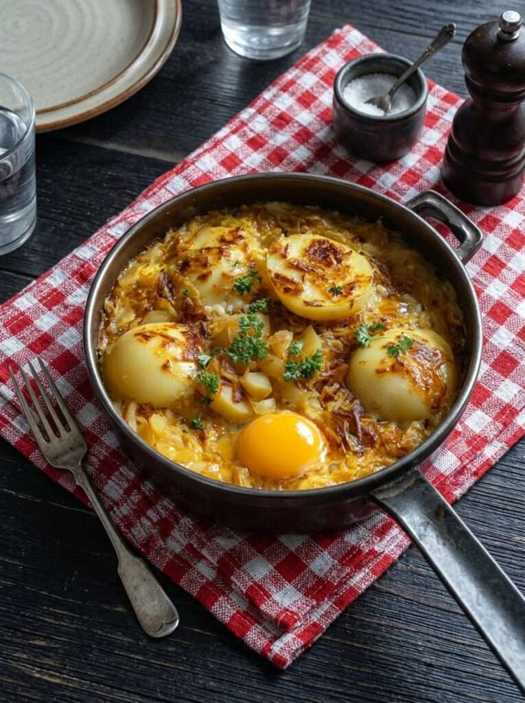 Poêlée pommes de terre oignons oeufs coulants recette facile