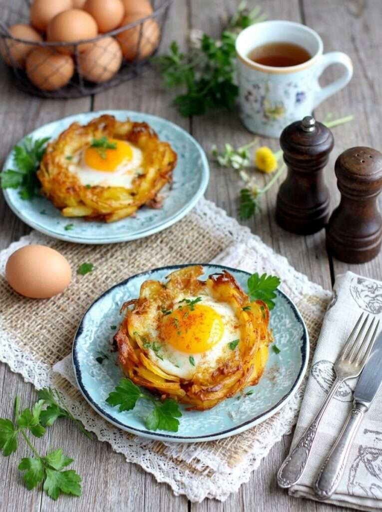 nid pommes de terre epices douces oeuf coulant croustillant poele