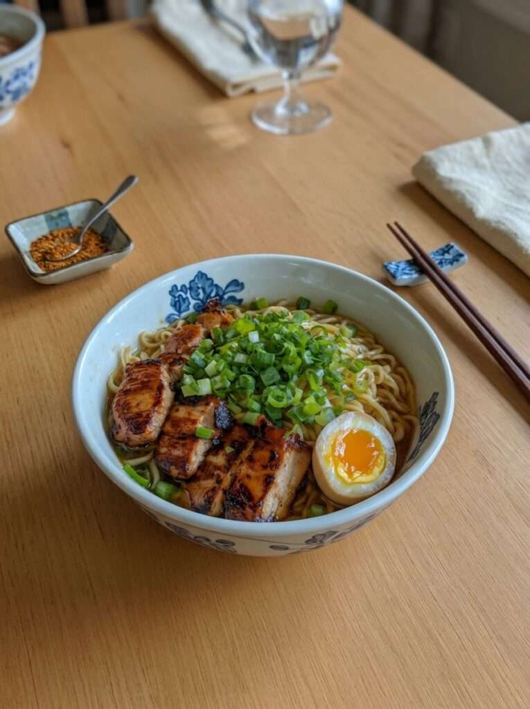 ramen poulet grillé oeuf mollet oignons verts bouillon maison