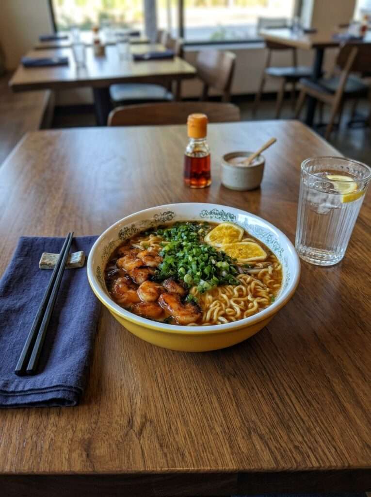 Ramen crevettes grillées bouillon nouilles citron ciboule