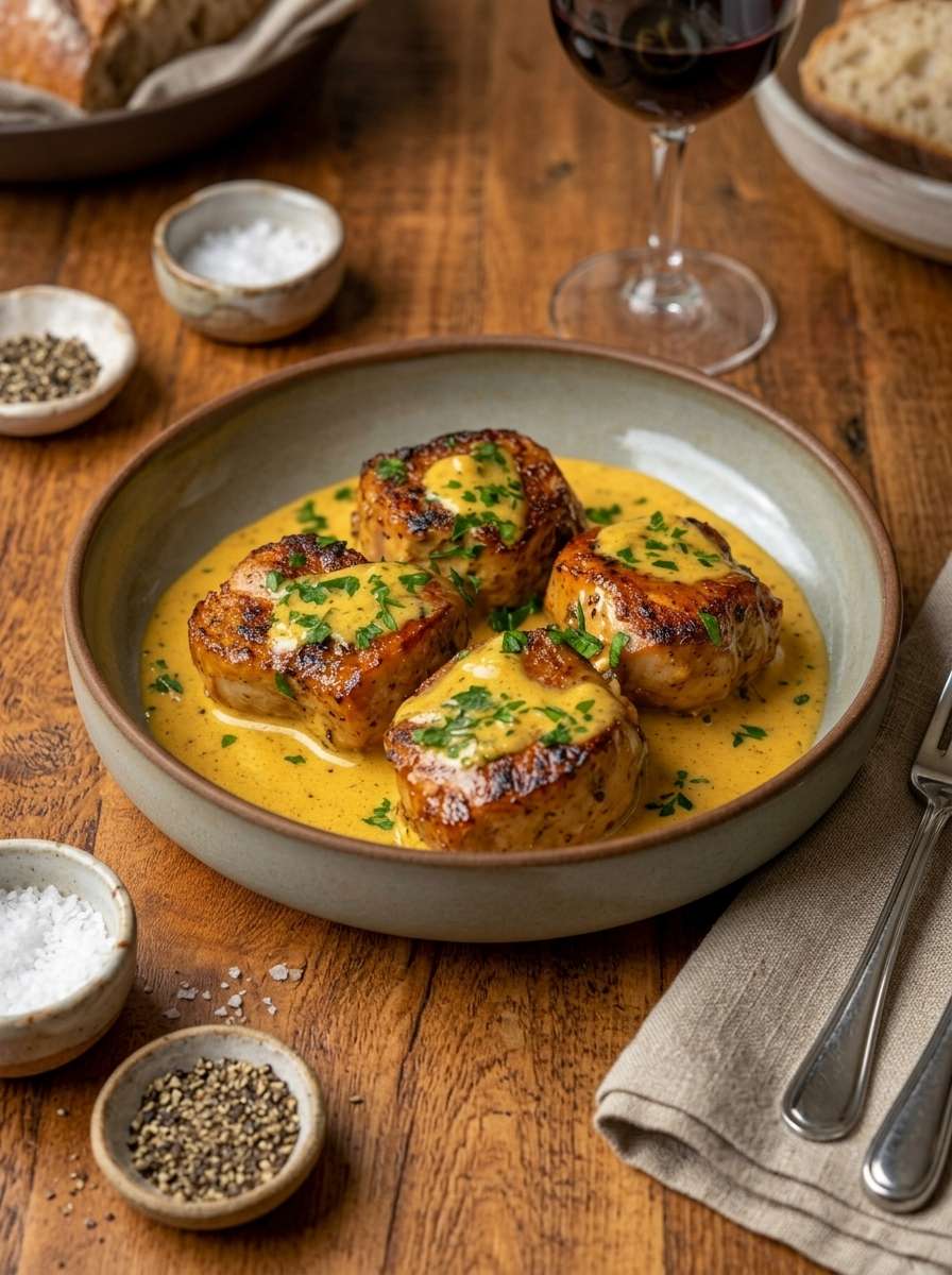 Lapin à la moutarde ancienne sauce cremeuse persil fondant