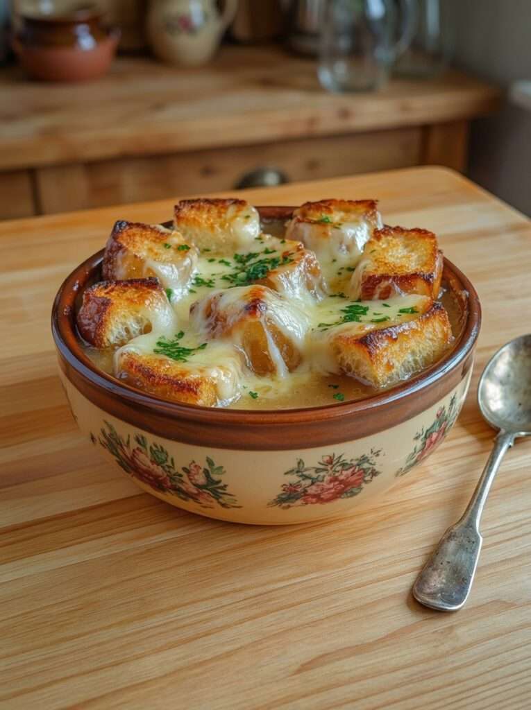 soupe à l’oignon gratinée fromage croustillant baguette traditionnelle