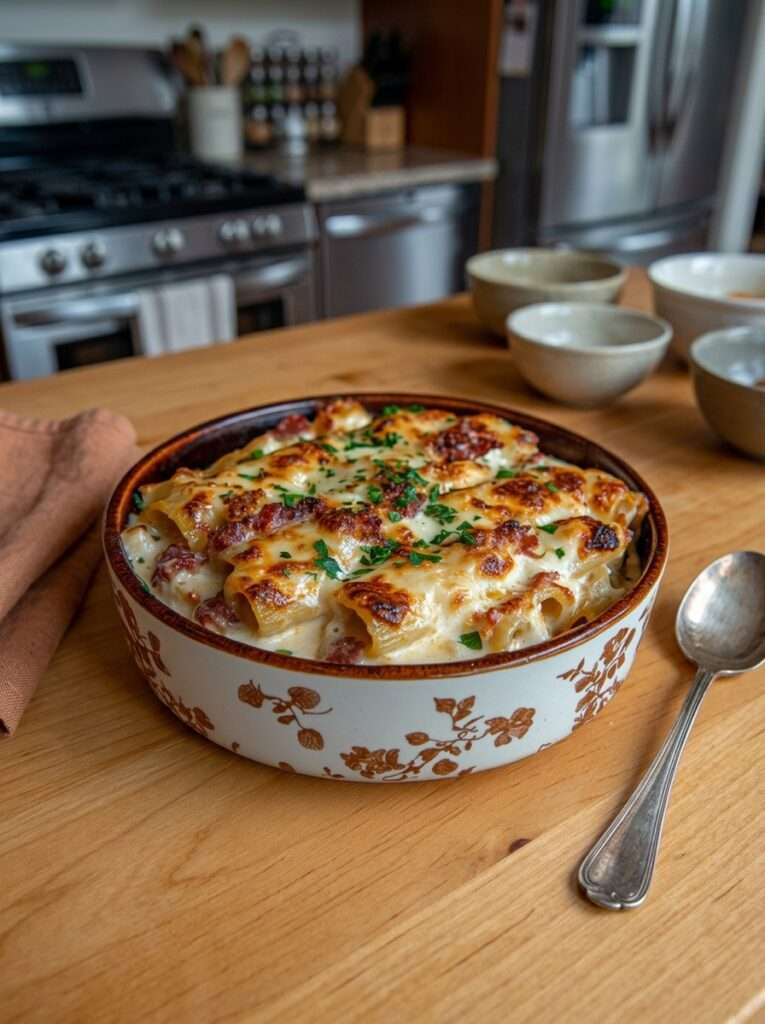 Gratin de rigatoni savoyard au reblochon lardons creme gratine