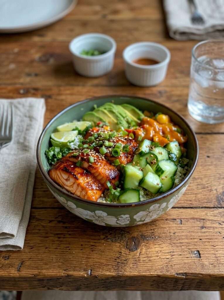 Bowl saumon laqué quinoa avocat mangue legumes croquants