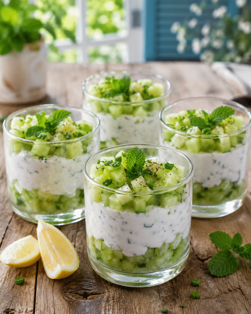 Verrine concombre menthe avec fromage frais, citron, ciboulette et dés de concombre frais