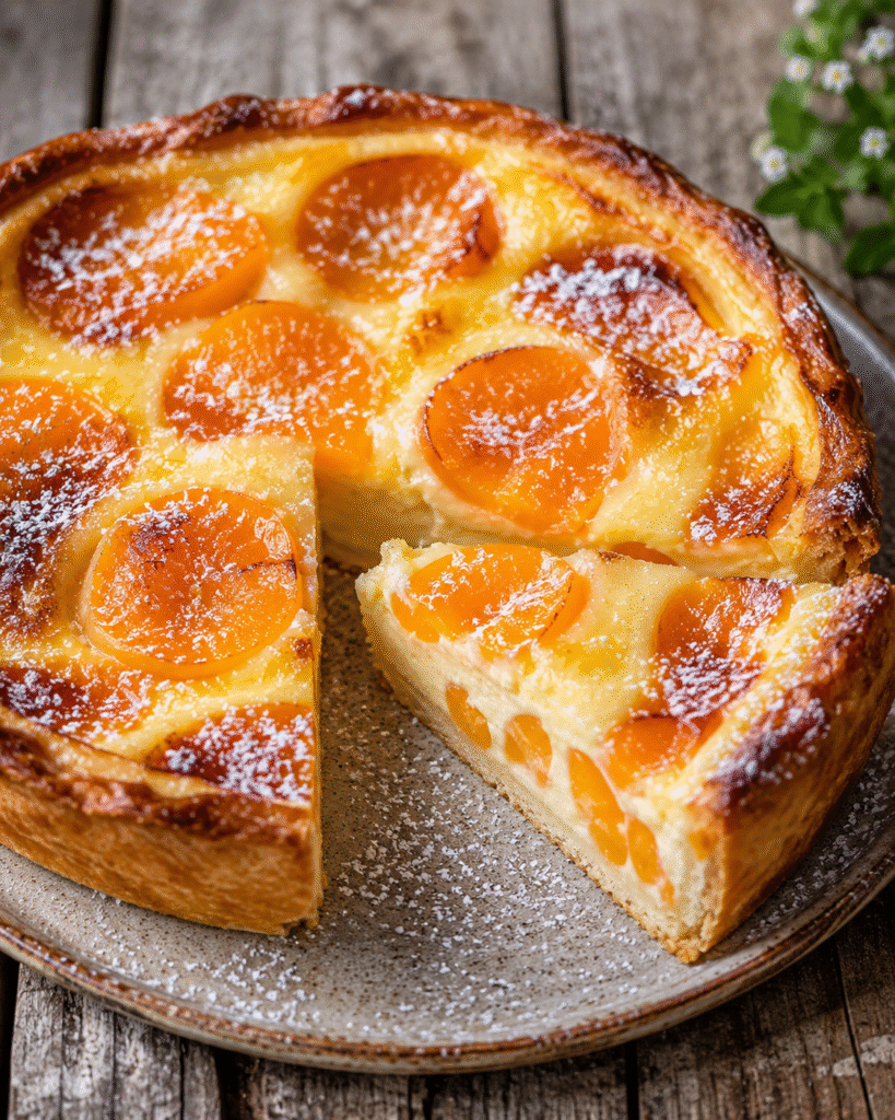 Flan pâtissier aux abricots avec pâte dorée, crème vanillée fondante et morceaux d’abricots frais