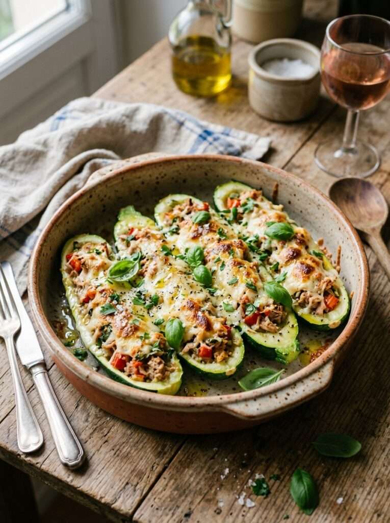 Courgettes farcies au thon gratinées avec tomate, fromage fondu, herbes fraîches et plat rustique