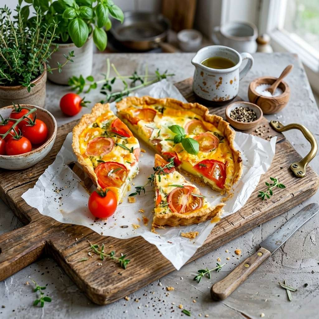 Quiche tomate moutarde dorée au four avec tomates fondantes, pâte brisée et fromage râpé