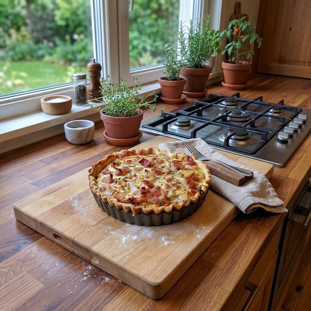 Quiche oignons lardons économique dorée au four avec pâte brisée, appareil fondant au lait et fromage râpé