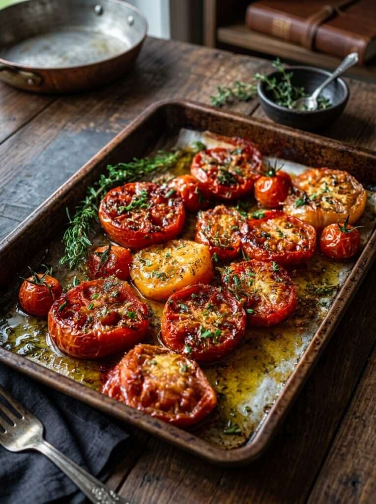 Tomates rôties au four fondantes avec ail, huile d’olive et herbes de Provence