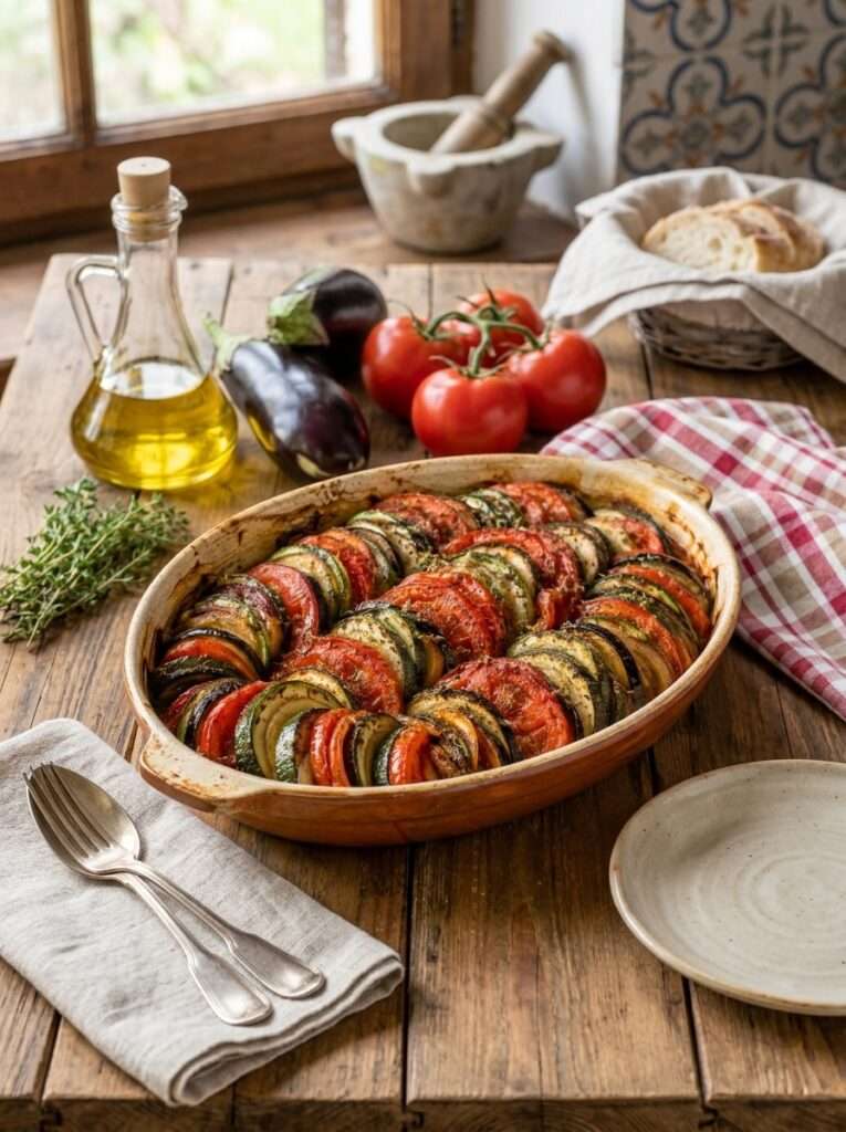 Tian provençal avec courgettes, tomates, aubergines, huile d’olive et herbes de Provence dans un plat rustique