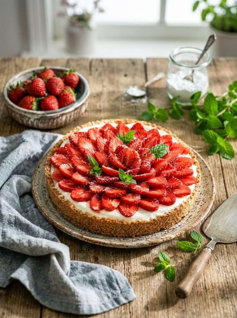 Tarte fraises mascarpone sans cuisson avec crème onctueuse, fraises fraîches et base biscuitée dorée