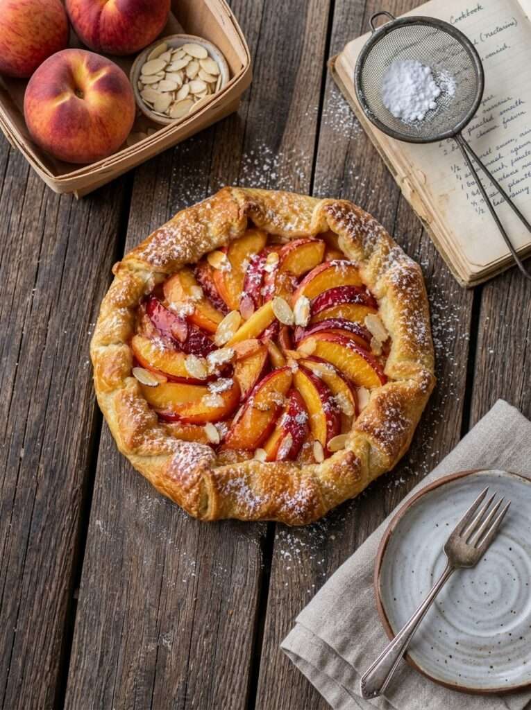 Galette rustique aux nectarines avec pâte dorée, fruits fondants, amandes effilées et sucre glace