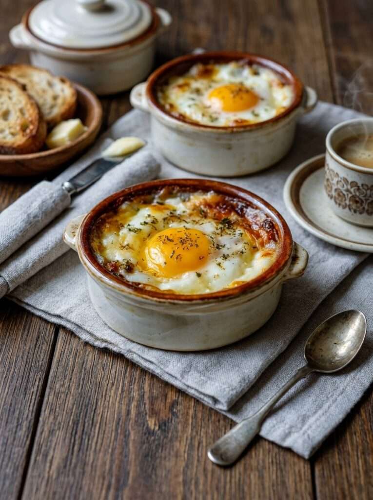 Œufs cocotte à la crème avec fromage râpé fondant et jaune coulant servis dans des ramequins