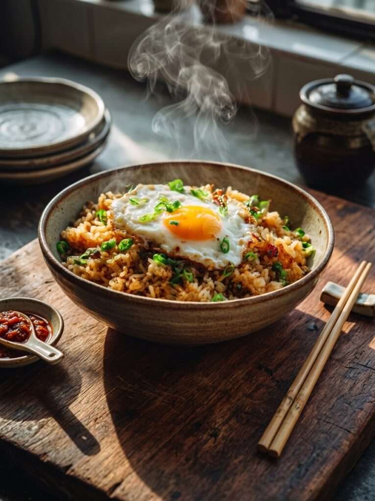 Riz sauté à l’œuf maison avec sauce soja, œufs brouillés et ciboulette fraîche