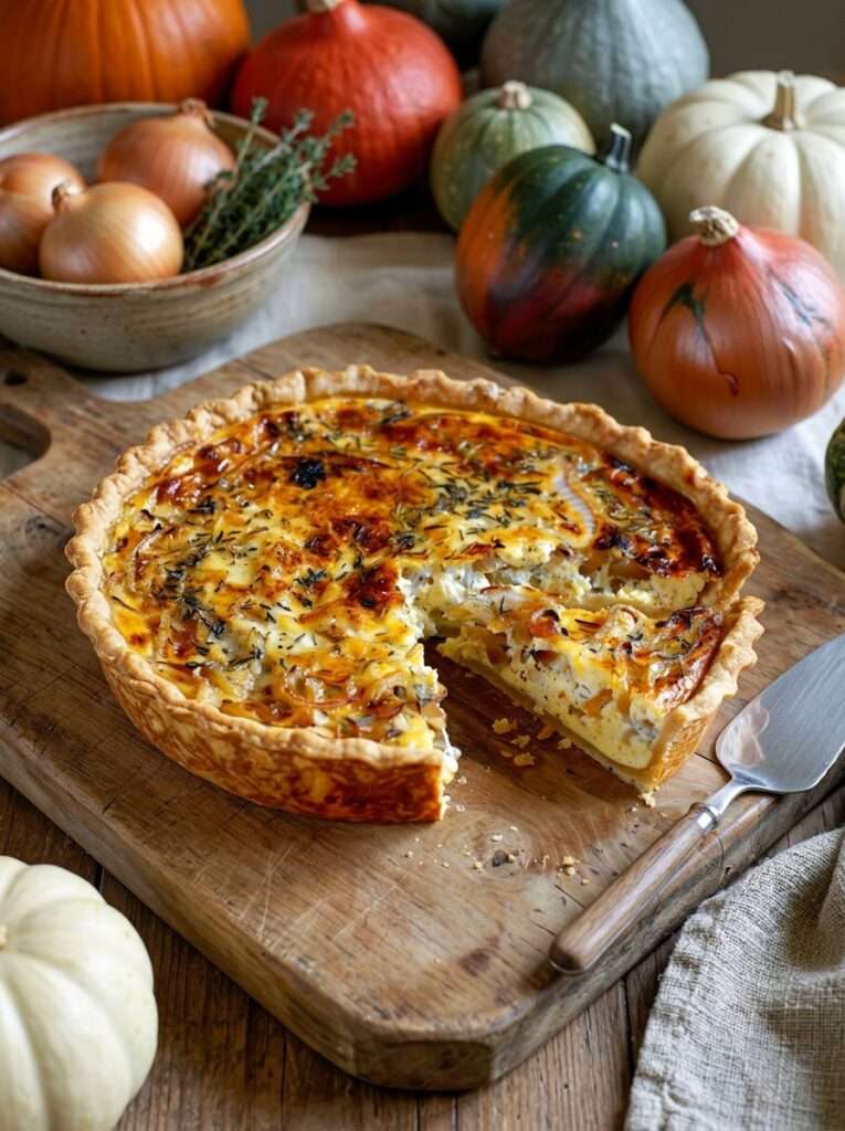 Quiche à l’oignon économique dorée au four avec pâte brisée, oignons fondants, œufs, lait et herbes