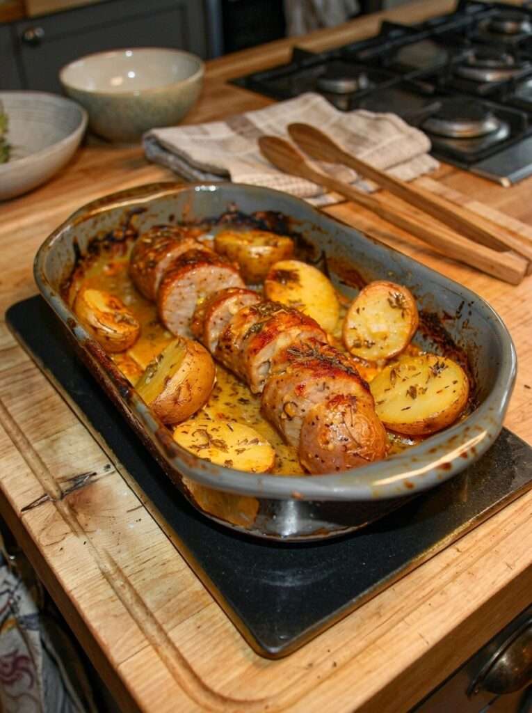 Andouillette au four avec pommes de terre dorées, ail, huile d’olive et herbes de Provence