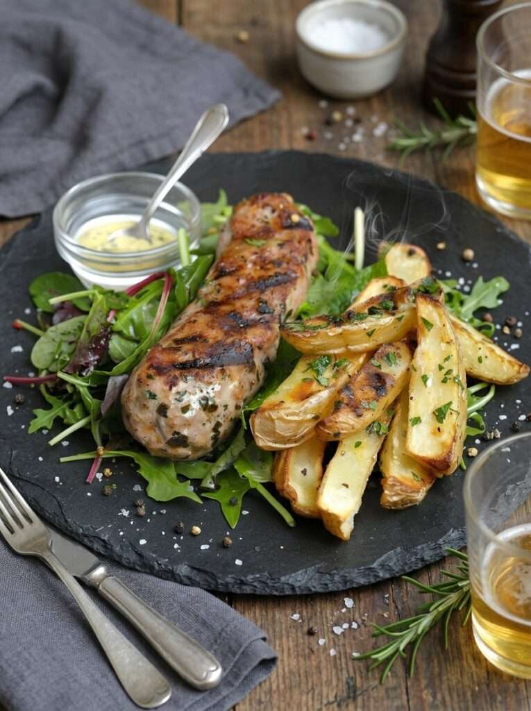 Andouillette au vin blanc crémeuse aux échalotes servie avec sauce à la crème et pain frais