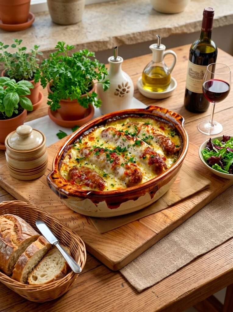 Andouillette gratinée au four avec crème fraîche, moutarde, fromage râpé doré et persil frais
