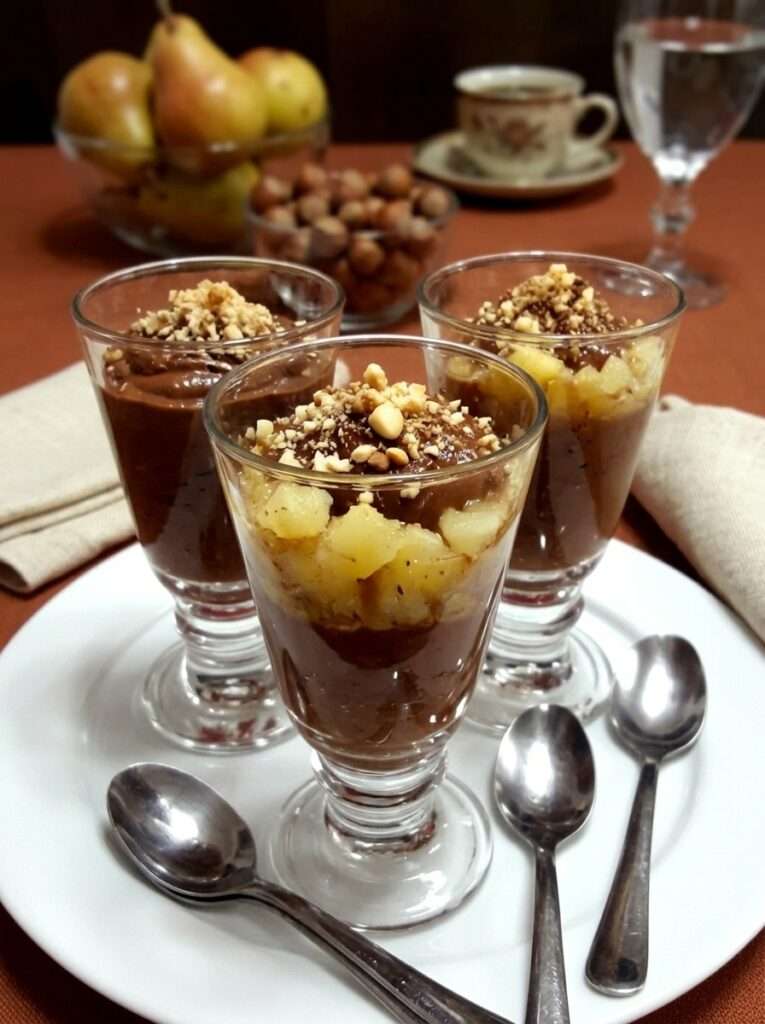 Verrine poire chocolat avec mousse au chocolat noir, cubes de poire, biscuits émiettés et noisettes concassées