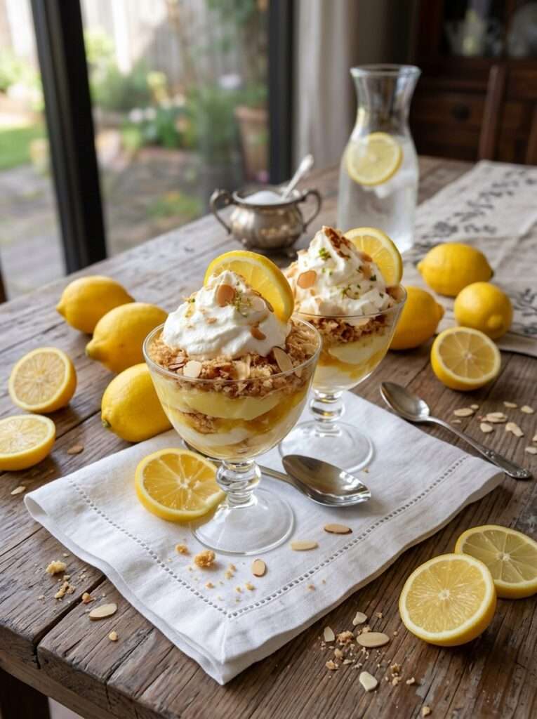 Verrine citron meringue crumble avec lemon curd, chantilly maison, biscuits sablés émiettés et meringue croquante