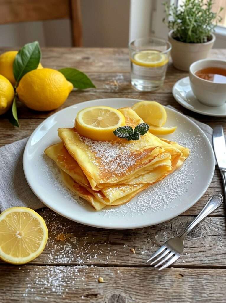 Crêpes citron pliées en triangle avec sucre glace, jus de citron frais, quartiers de citron et feuilles de menthe