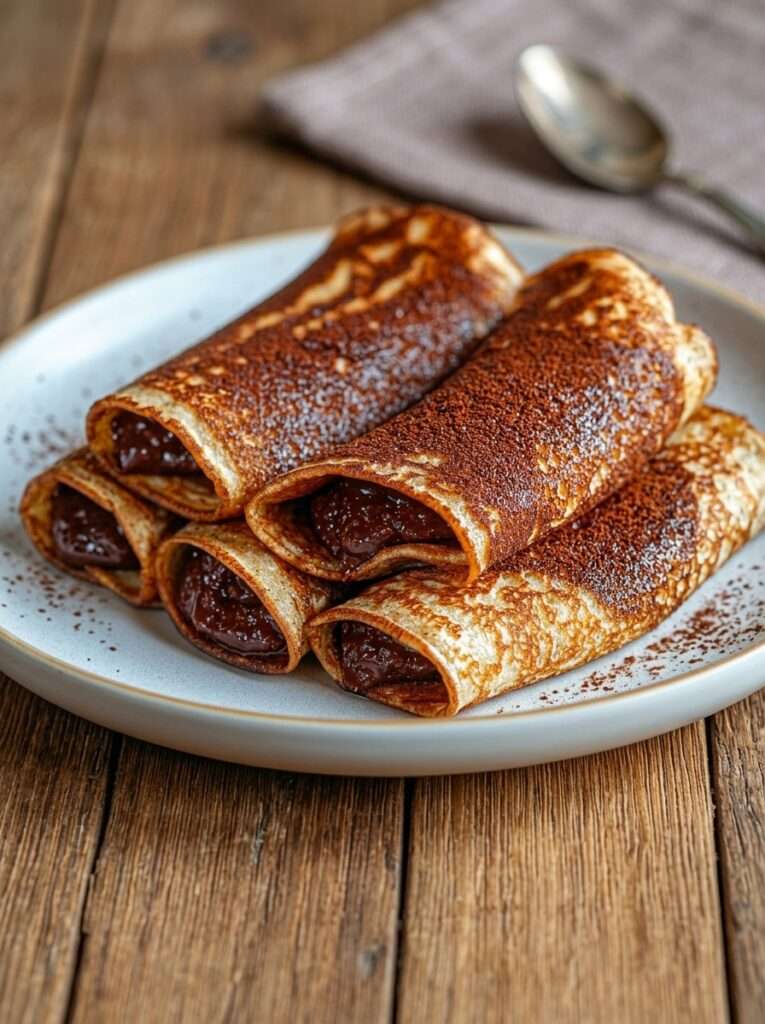 Crêpes au chocolat roulées avec pâte à tartiner chocolat-noisette, cacao dans la pâte et sucre glac