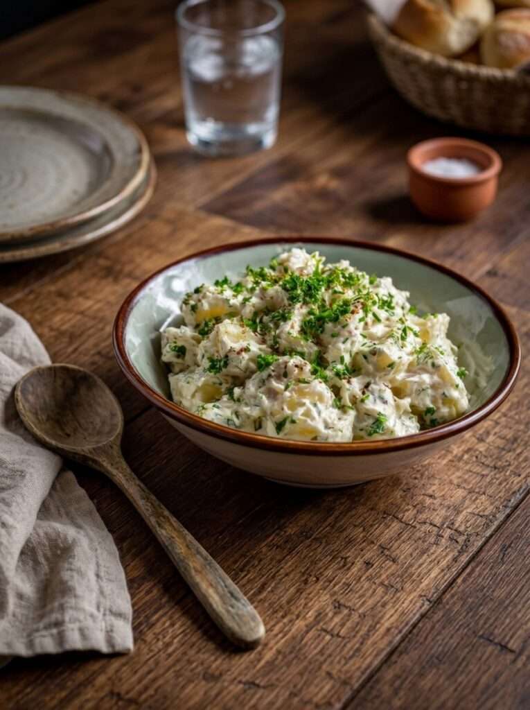 Salade de pommes de terre crémeuse aux herbes avec mayonnaise, crème fraîche, moutarde, persil et ciboulette