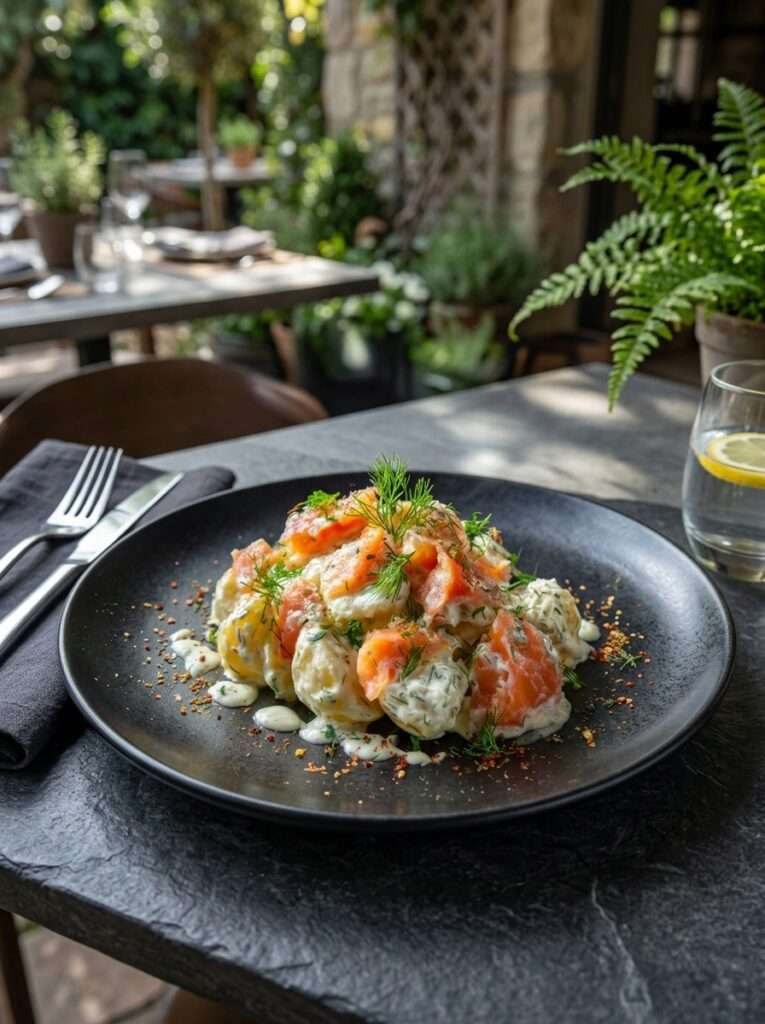 Salade pommes de terre saumon fumé avec crème fraîche, moutarde douce, citron, échalote et aneth frais