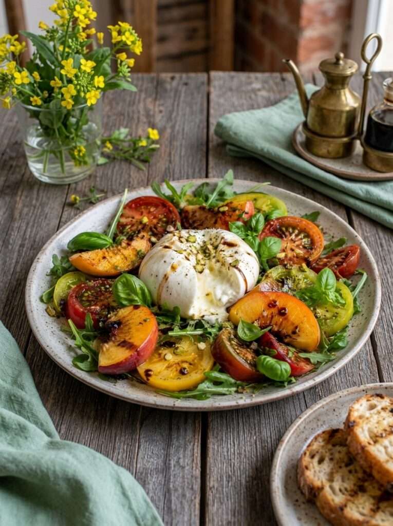 Salade burrata pêches avec tomates anciennes, basilic frais, huile d’olive et crème de balsamique