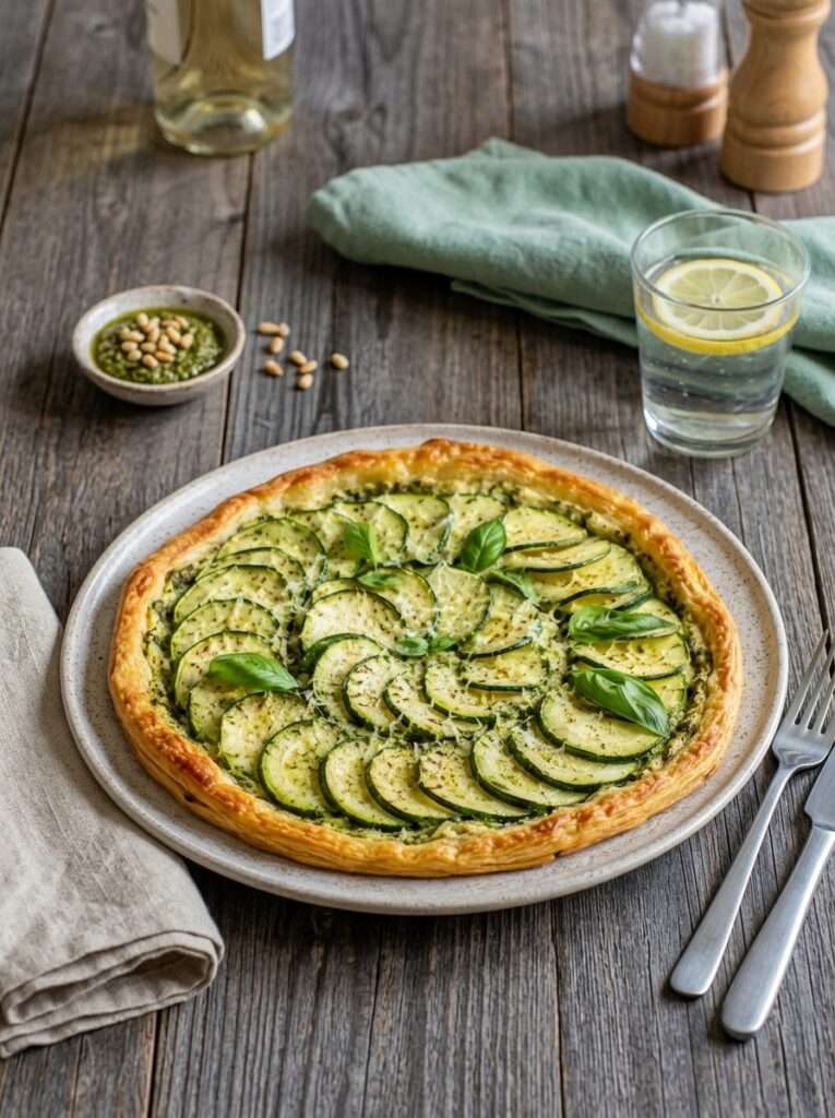 Tarte courgette ricotta avec pesto basilic, rondelles de courgettes fines, parmesan et pâte feuilletée dorée