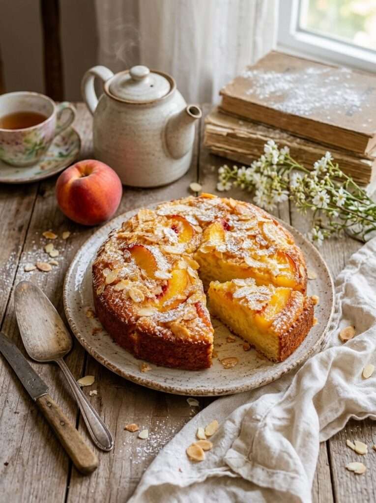 Gâteau pêches amandes moelleux avec tranches de pêches fraîches, amandes effilées dorées et sucre glace
