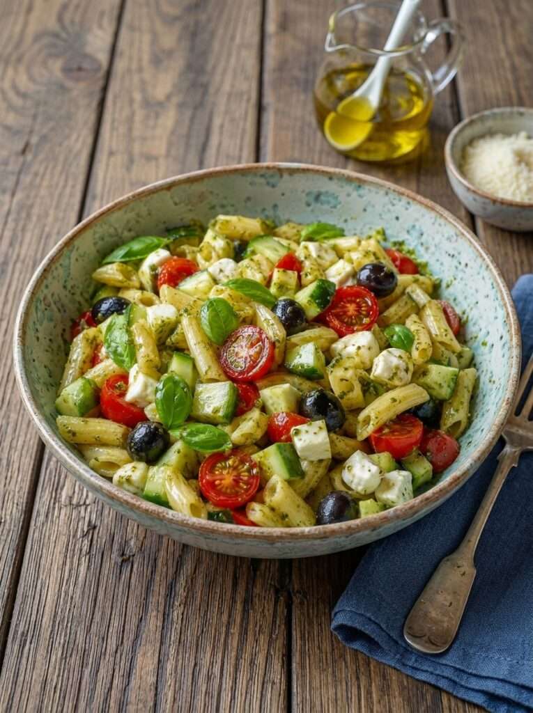 Salade de pâtes méditerranéenne avec tomates cerises, mozzarella, olives, concombre, basilic et pesto